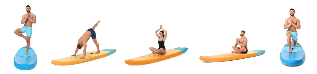 Image of Collage with photos of young man and woman practicing yoga on sup boards isolated on white