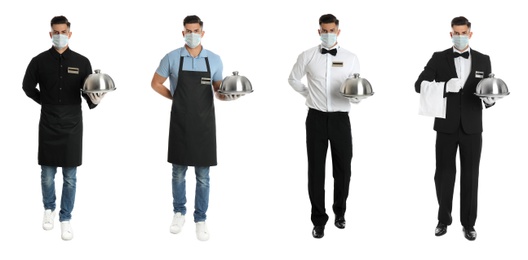 Image of Collage with photos of waiter wearing medical mask on white background. Protective measures during coronavirus outbreak, banner design