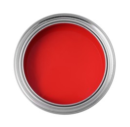 Photo of Can of red paint isolated on white, top view