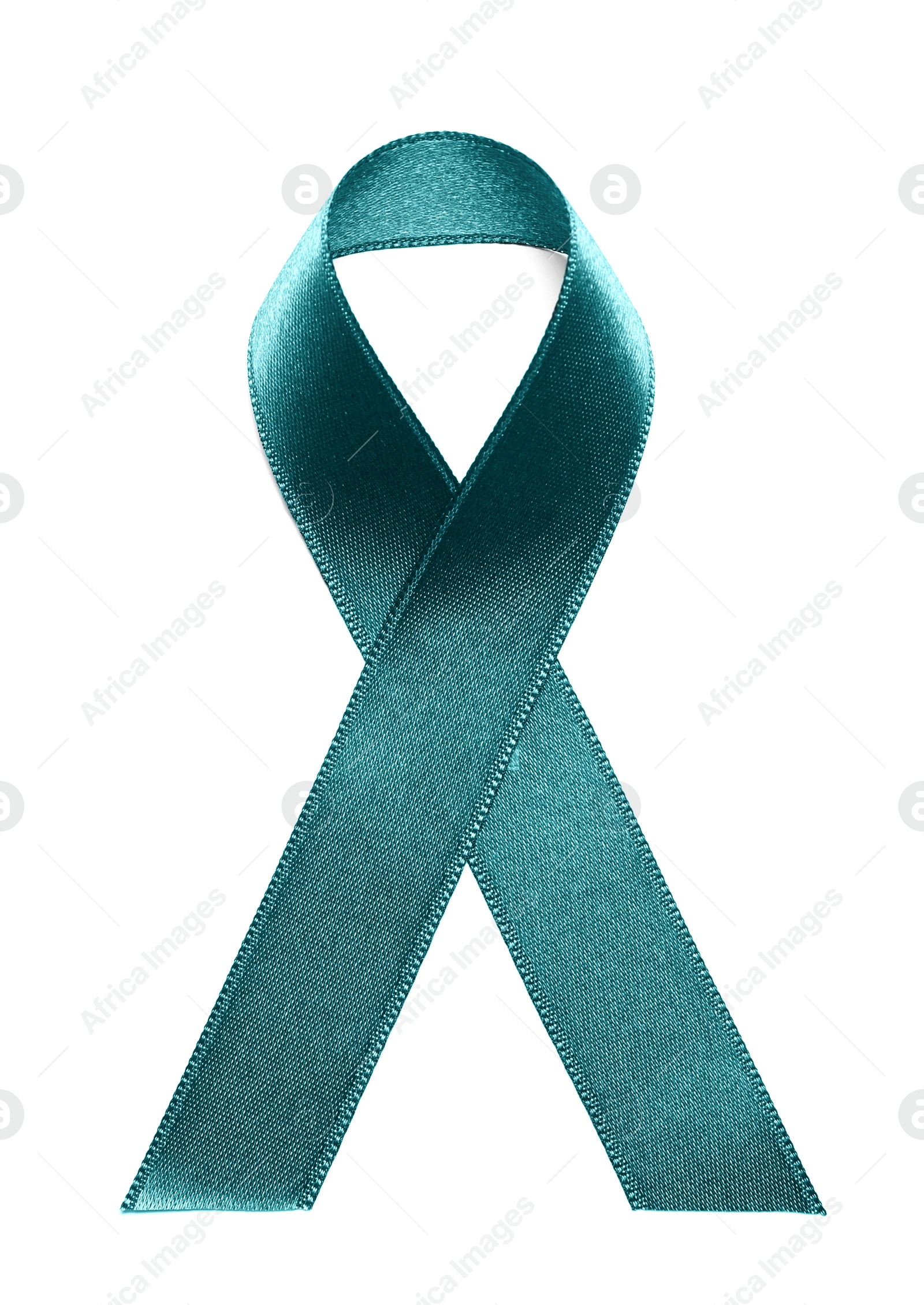 Photo of Teal awareness ribbon on white background, top view. Symbol of social and medical issues