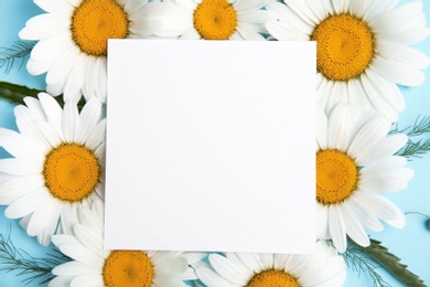 Beautiful floral composition with chamomile flowers and card, top view