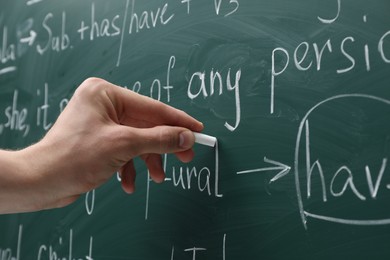 Photo of English teacher writing with chalk on green chalkboard, closeup