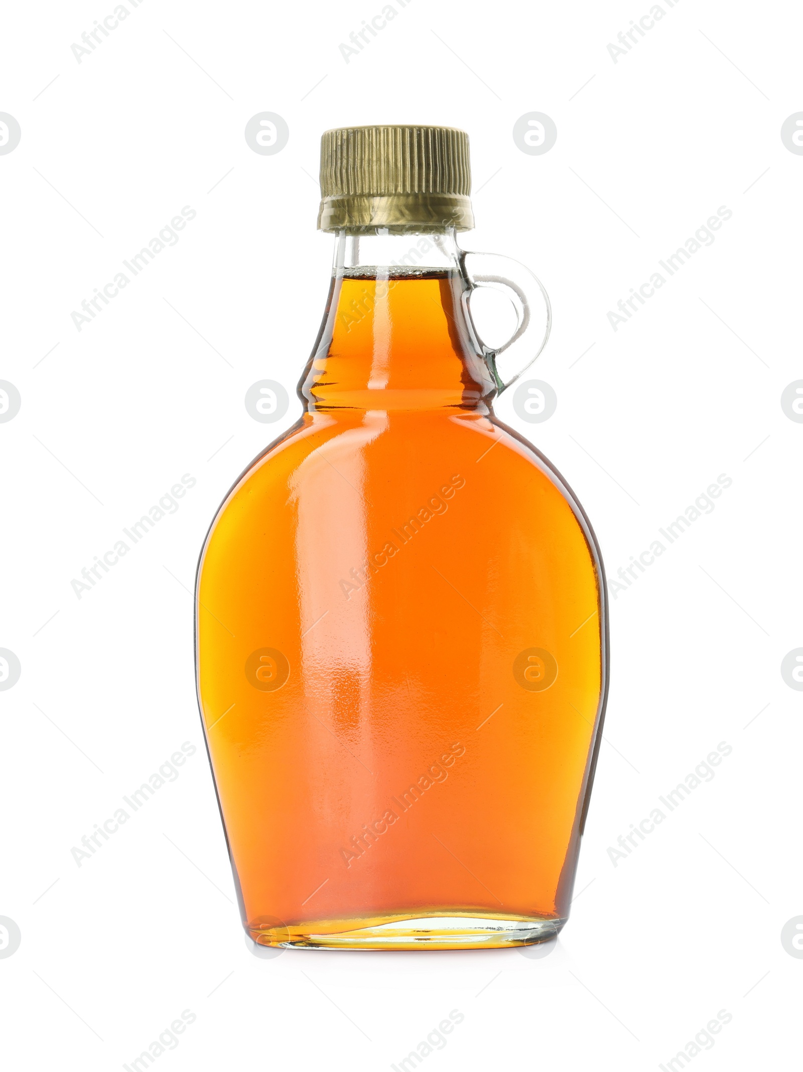 Photo of Bottle of tasty maple syrup isolated on white