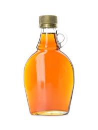 Bottle of tasty maple syrup isolated on white