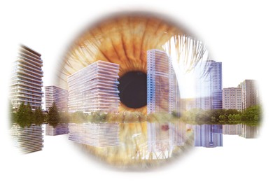 Double exposure of cityscape and woman with beautiful eye, closeup