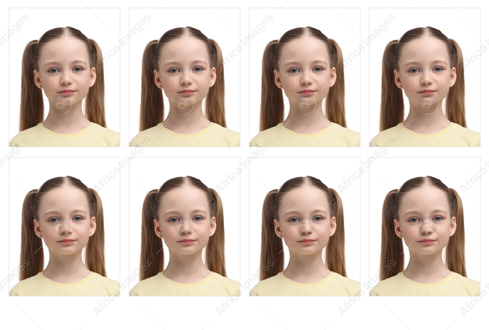 Image of Passport photo, collage. Girl on white background, set of photos