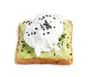 Photo of Delicious toast with avocado cream, poached egg and black sesame seeds isolated on white