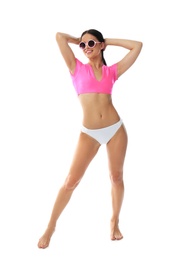 Photo of Beautiful young woman in stylish bikini with sunglasses on white background