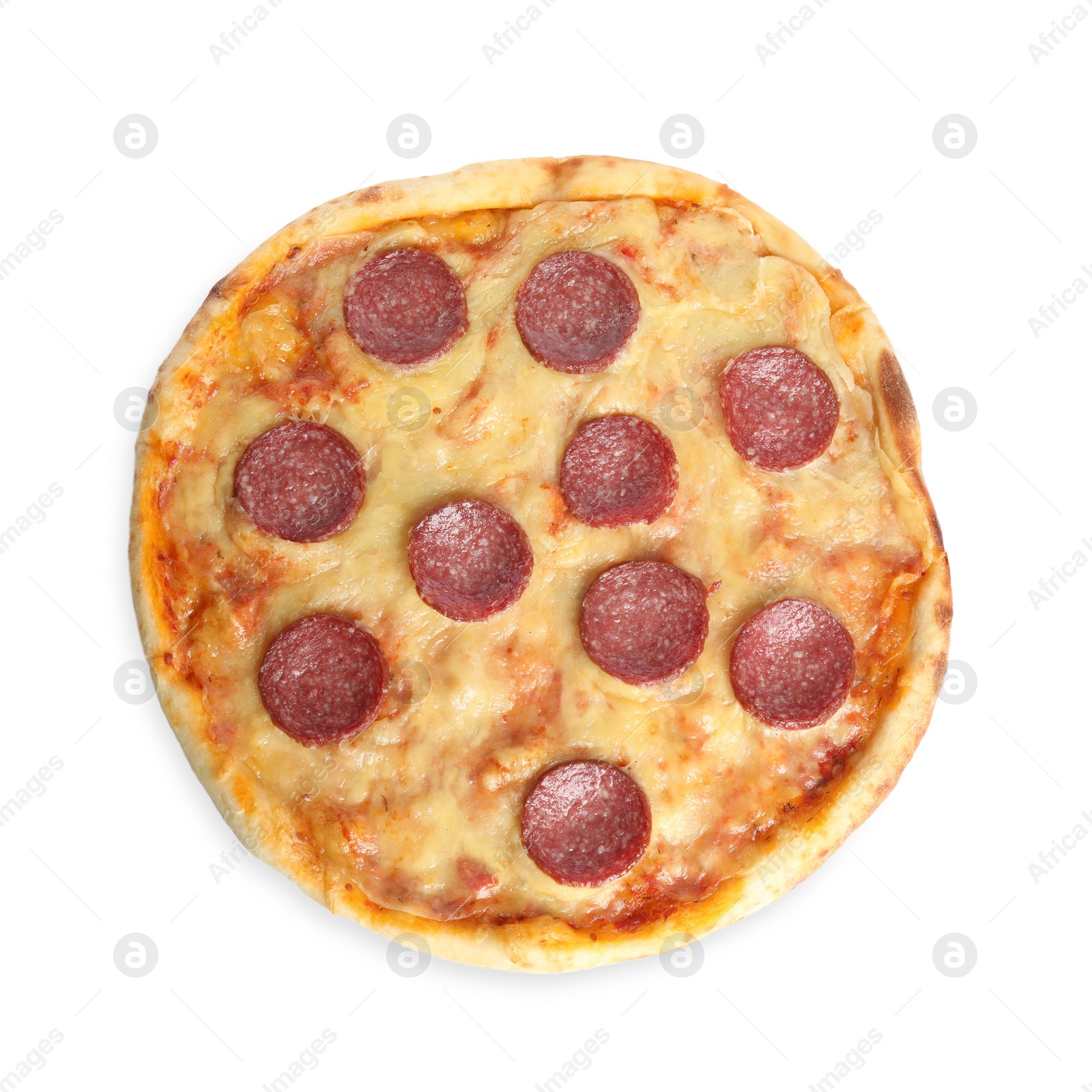 Photo of Tasty fresh pepperoni pizza isolated on white, top view
