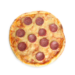 Tasty fresh pepperoni pizza isolated on white, top view