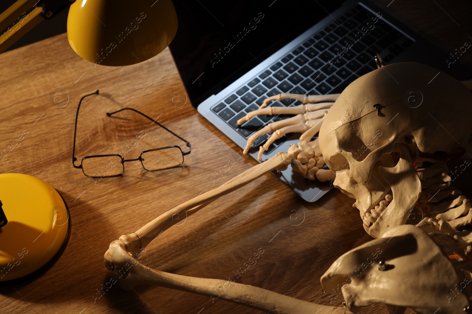 Photo of Waiting concept. Human skeleton sleeping at wooden table with laptop