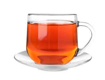 Photo of Glass cup of aromatic rooibos tea isolated on white