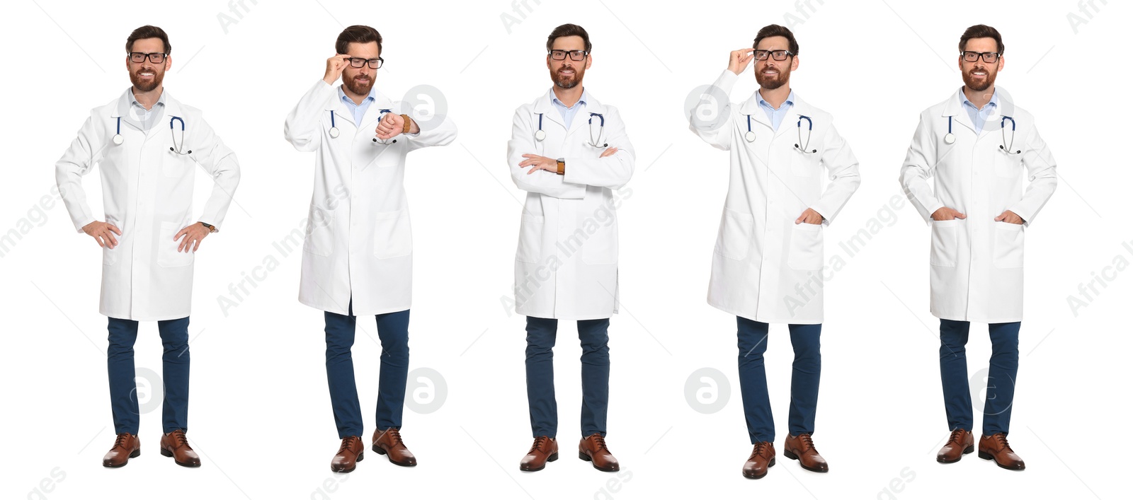 Image of Collage with photos of doctor on white background. Banner design