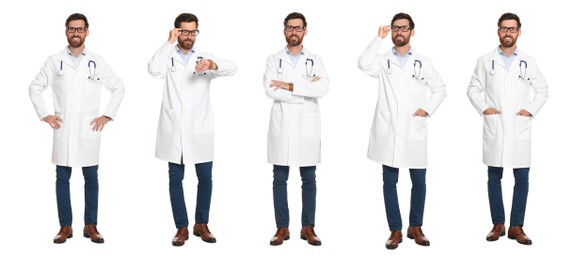 Image of Collage with photos of doctor on white background. Banner design