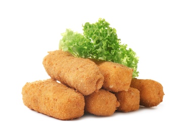 Photo of Tasty crispy cheese sticks on white background