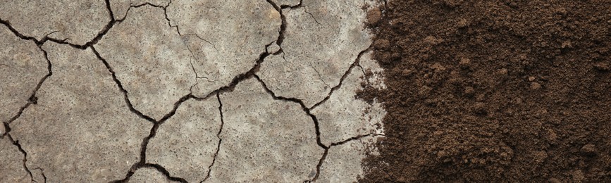 Image of Dry cracked ground and fertile soil, banner design