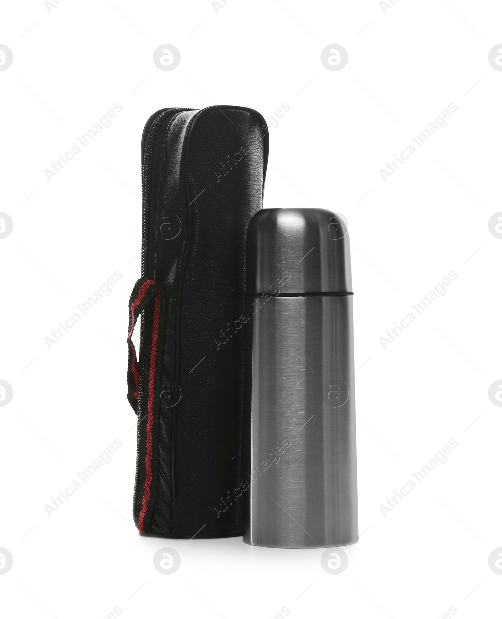 Photo of Modern thermos and case isolated on white