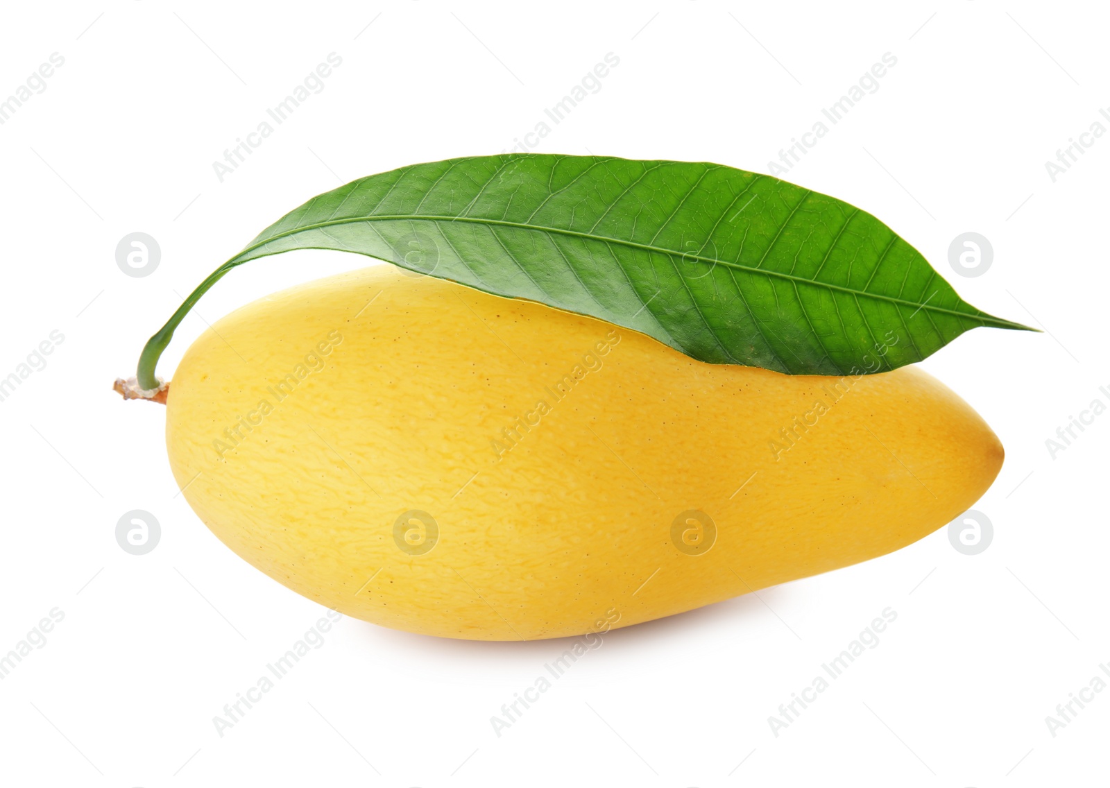 Photo of Fresh ripe mango with green leaf isolated on white