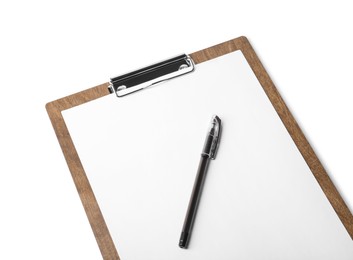 Wooden clipboard with sheet of paper and pen isolated on white, above view