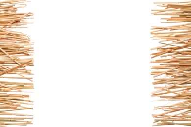 Dried hay on white background, top view