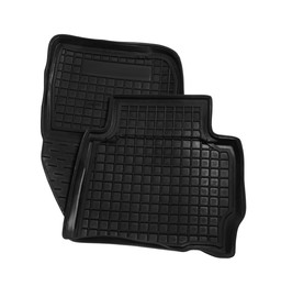 Photo of Black rubber car floor mats on white background, top view
