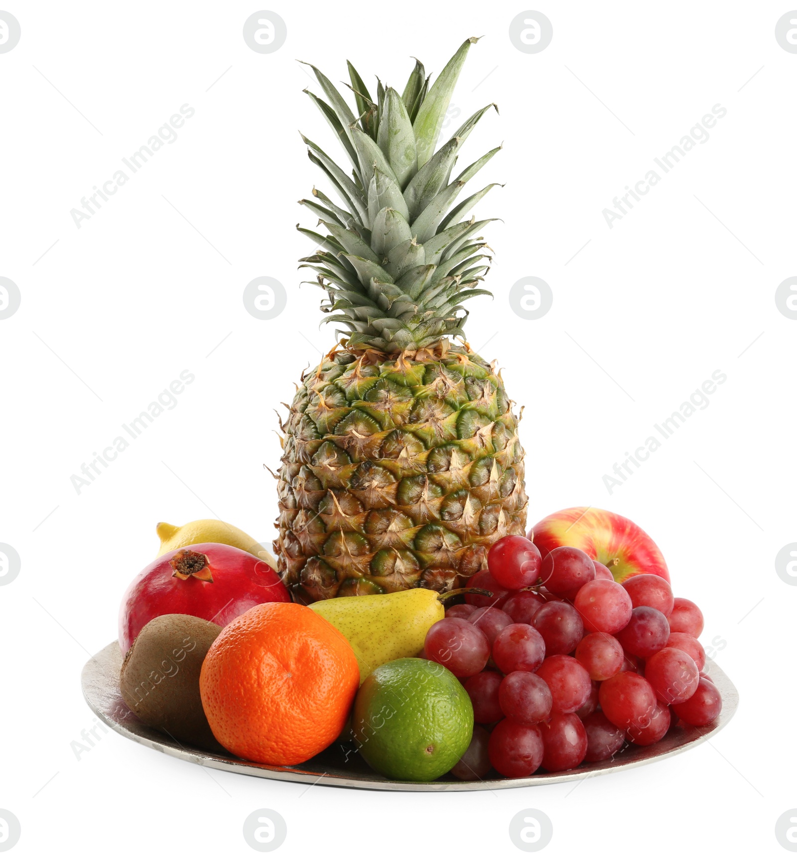 Photo of Plate with fresh ripe fruits on white background