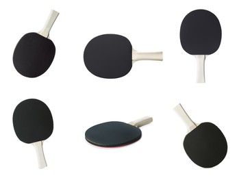 Set with ping pong rackets on white background