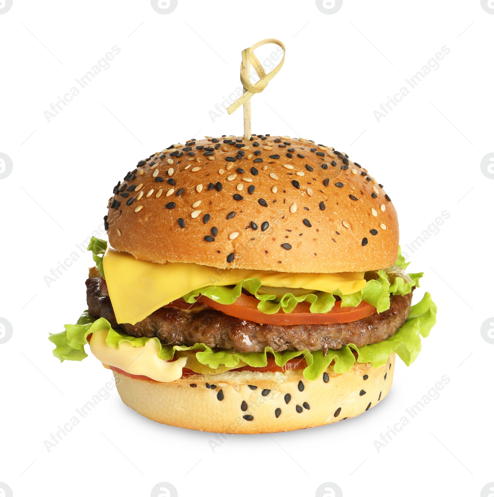 Burger with delicious patty isolated on white Photo of Burger with delicious patty isolated on white