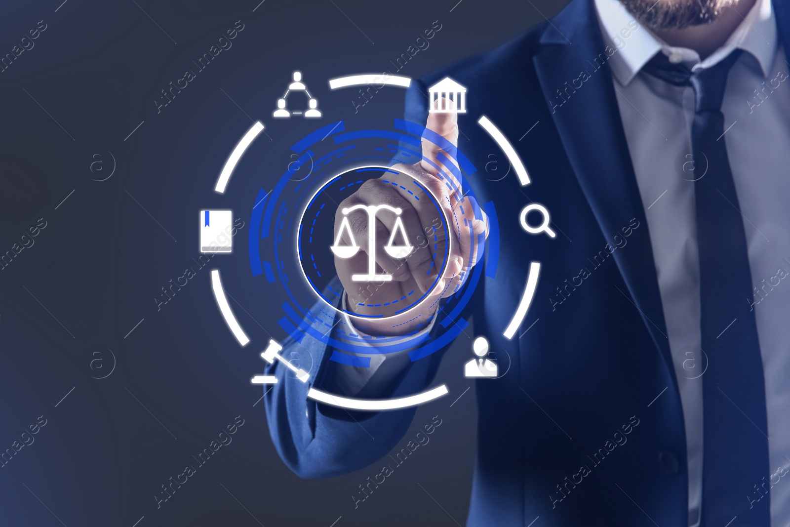 Image of Lawyer touching virtual screen against dark background, closeup