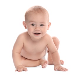 Photo of Cute little baby sitting on white background