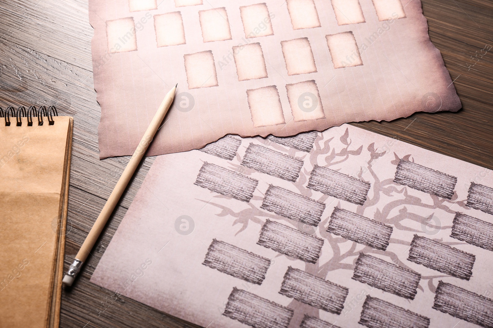 Photo of Blank family tree charts, notebook and pencil on wooden table, closeup