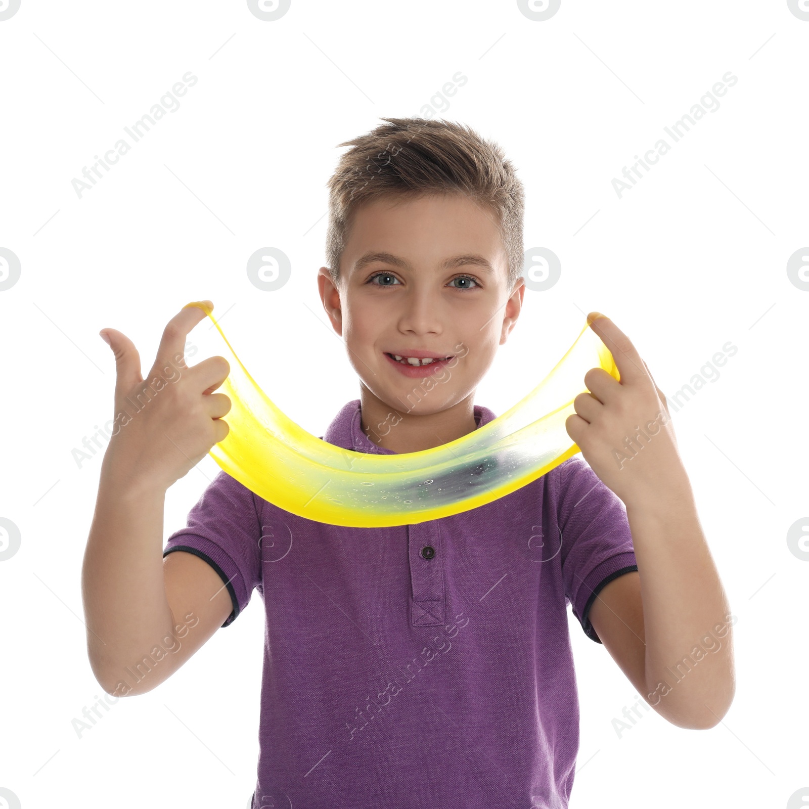 Photo of Little boy with slime on white background