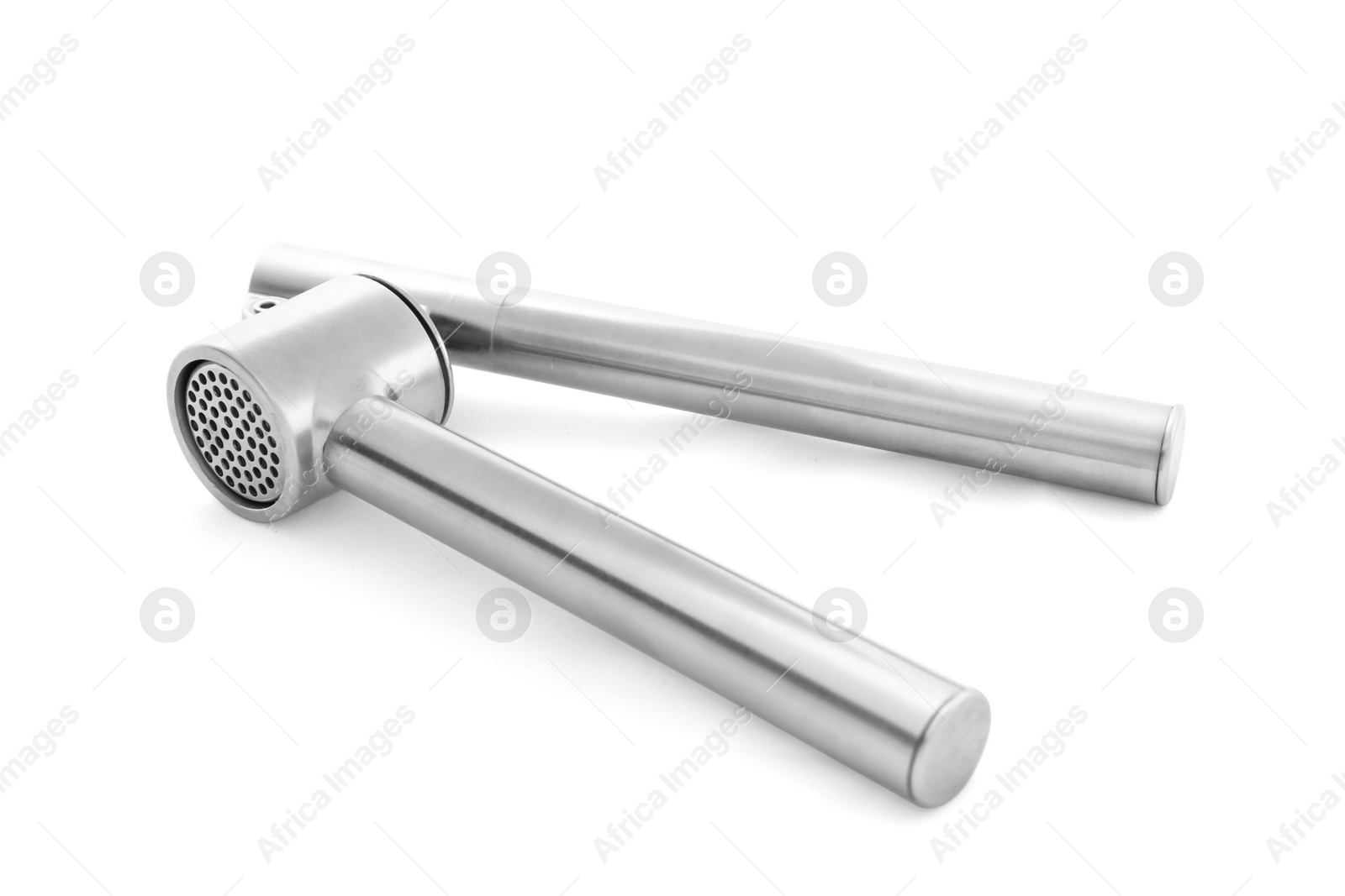 Photo of Garlic press isolated on white. Kitchen utensils