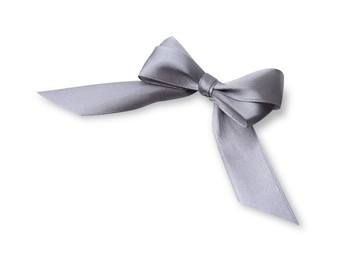 Photo of Grey satin ribbon bow on white background