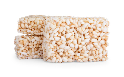 Photo of Delicious rice crispy treats on white background