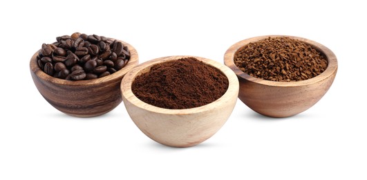 Photo of Bowls of beans, instant and ground coffee on white background