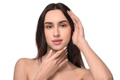 Portrait of beautiful young woman on white background