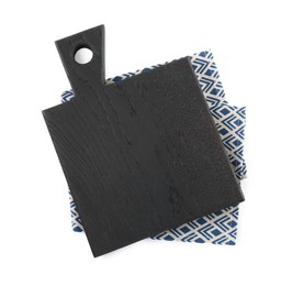 Photo of Black wooden cutting board and napkin isolated on white, top view