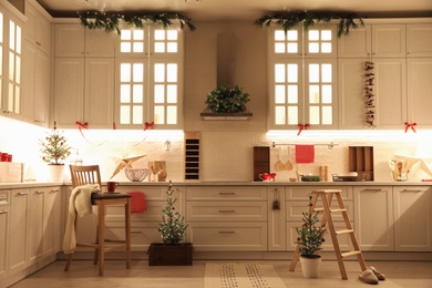 Small Christmas trees and festive decor in kitchen