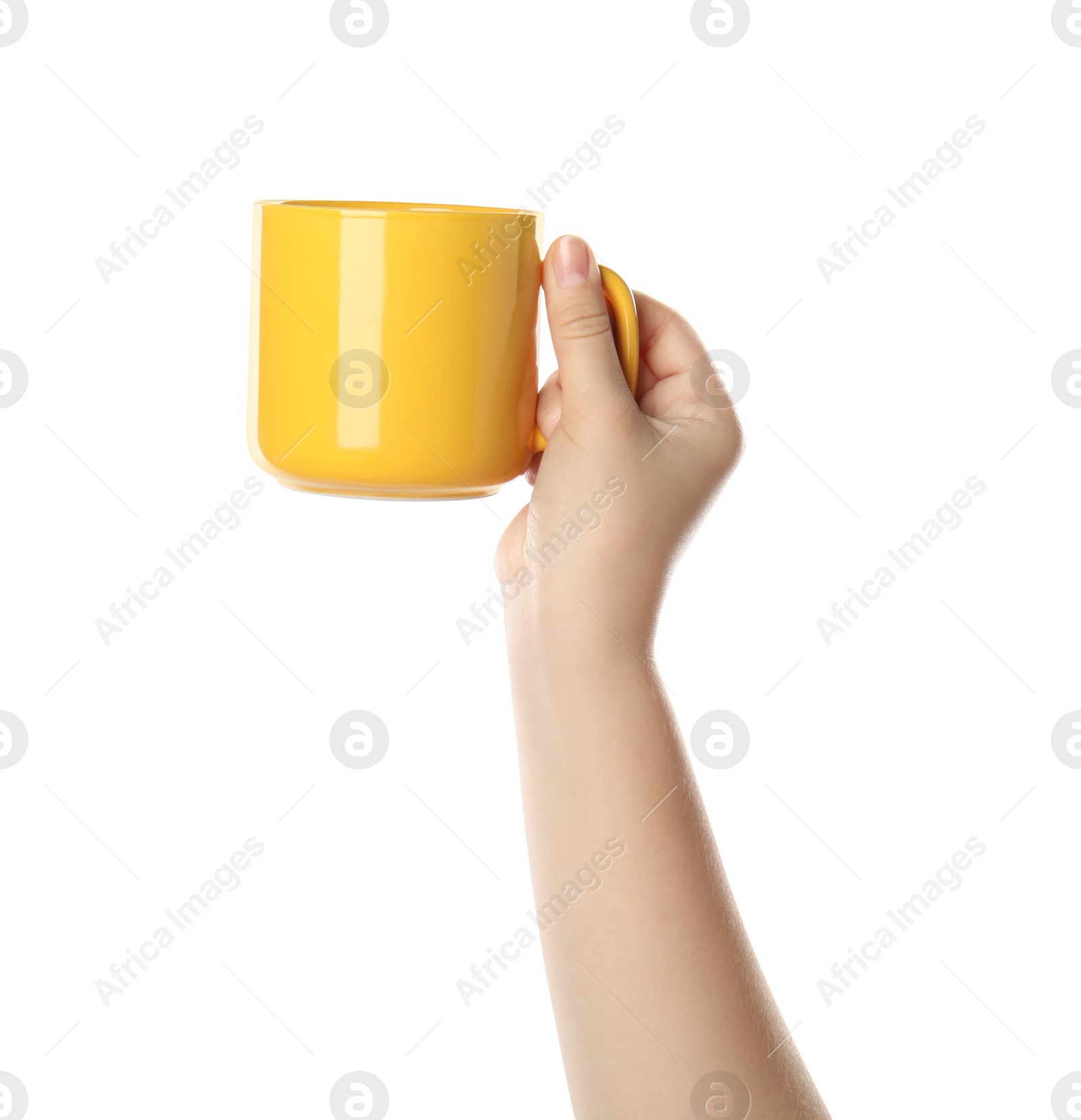 Photo of Woman holding yellow cup on white background, closeup