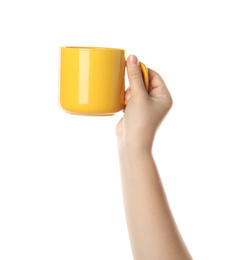 Photo of Woman holding yellow cup on white background, closeup