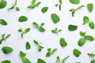 Photo of Fresh mint leaves on white background, flat lay