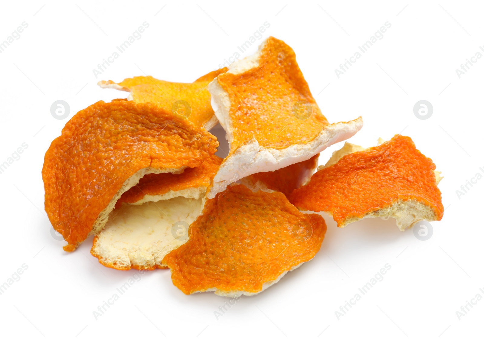 Photo of Pile of dry orange peels on white background, top view