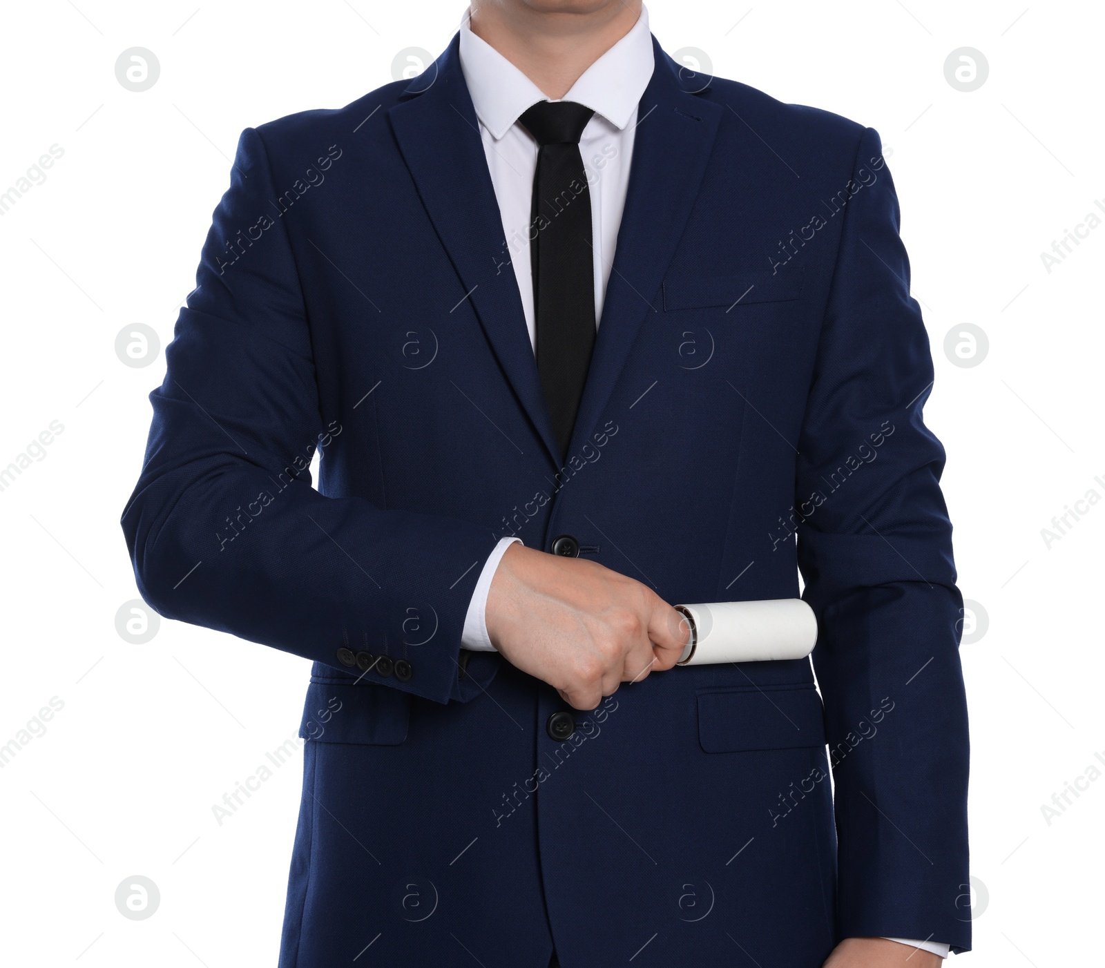 Photo of Man cleaning suit with lint roller on white background, closeup