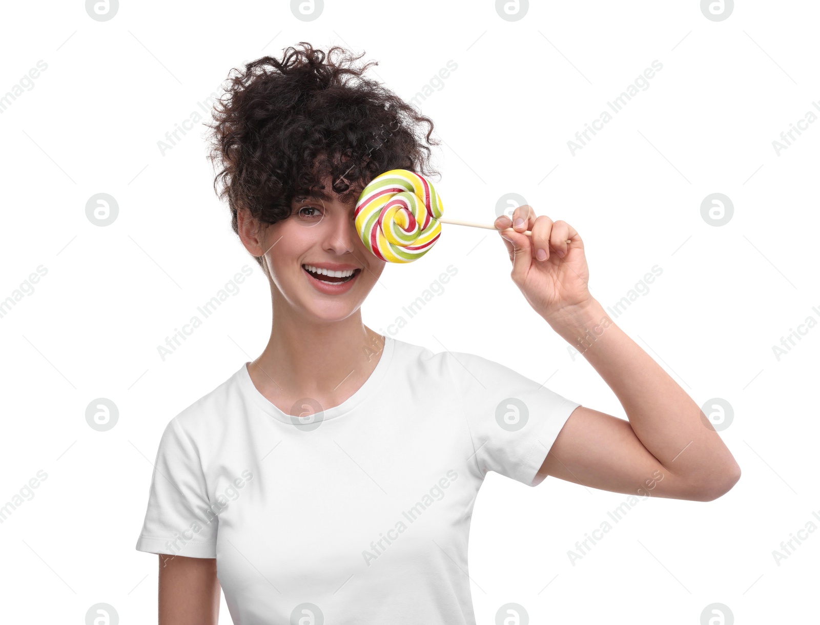 Photo of Beautiful woman with lollipop on white background