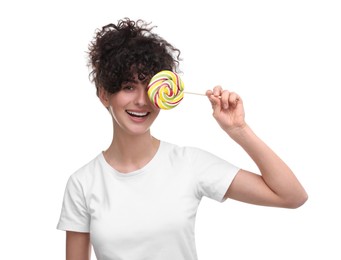 Beautiful woman with lollipop on white background