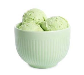 Bowl of delicious pistachio ice cream on white background