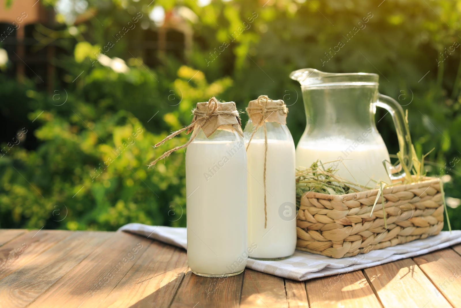 Photo of Bottles and jug of tasty fresh milk on wooden table outdoors, space for text