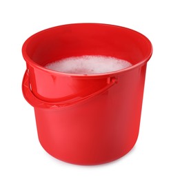 Photo of Red bucket with detergent isolated on white