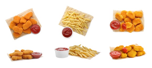 Image of Collage of tasty nuggets and French fries served with ketchup on white background, top and side views